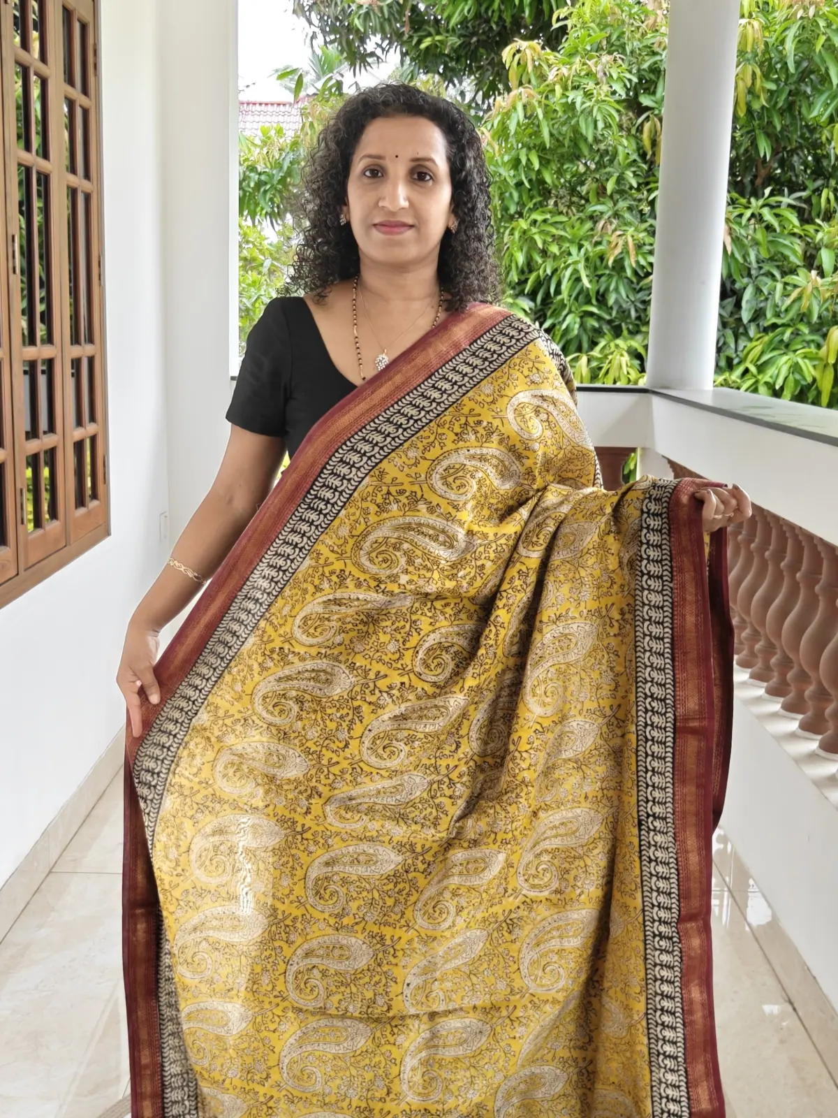 Maheswari Silk Mustard Leaves Full Prints Maroon Border Phm010 (2)